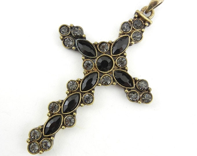 Burnished Gold-tone Gray and Black Rhinestone Encrusted Cross Pendant