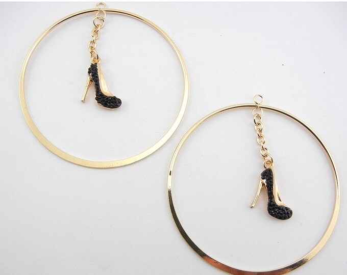 Extra Large Pair of Round Hoop Charms with Black Rhinestone High Heel Charms