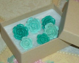 Decorative Resin Rose Flower Cabochon Push Pin Thumb Tacks - Set of 6 - Mint Green Flower Push Pins - Mint Green Flower Thumb Tacks