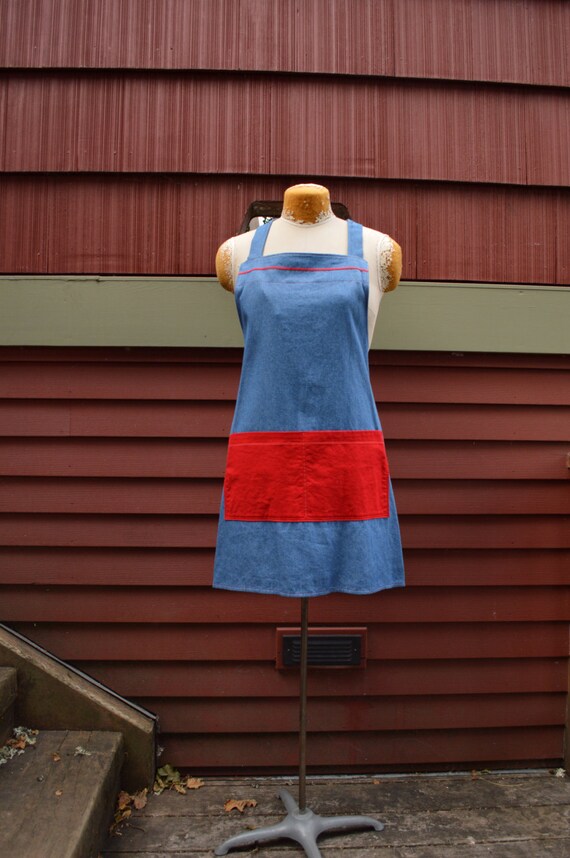 Denim Butcher Style Apron with Red Pocket