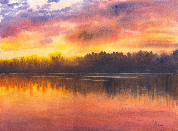 Coucher de soleil lac peinture aquarelle par CathyHillegas sur Etsy