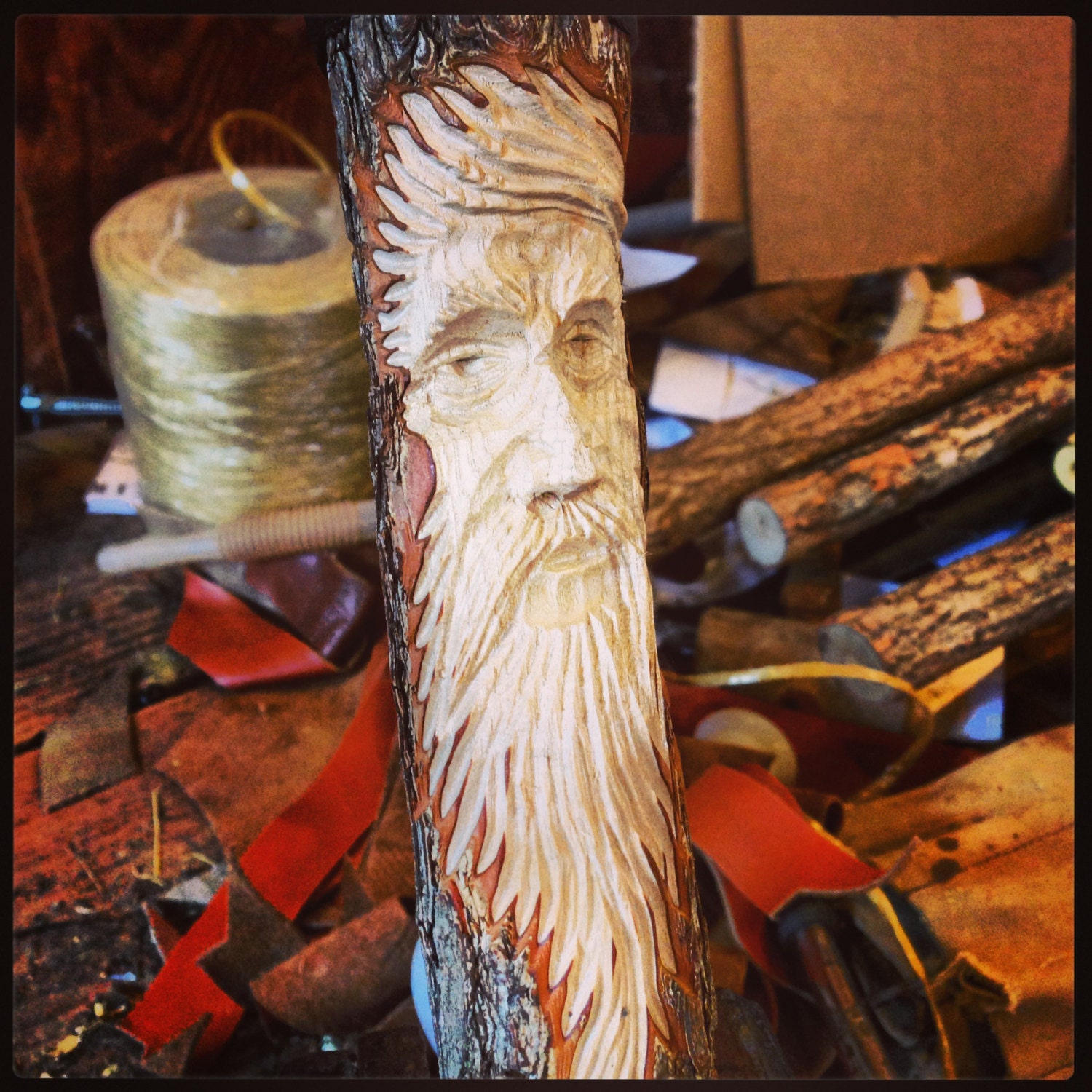 Walking Stick With Leather Wrap and Hand Carved Tree Spirit