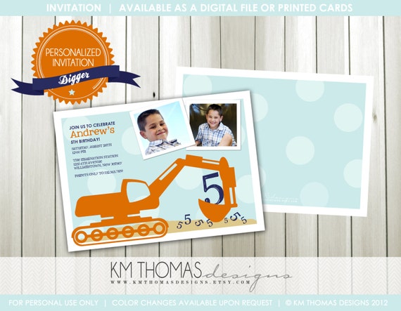 DIGGER...Custom Printable Photo Birthday Invitation...by KM Thomas Designs Item 118 Il_570xn