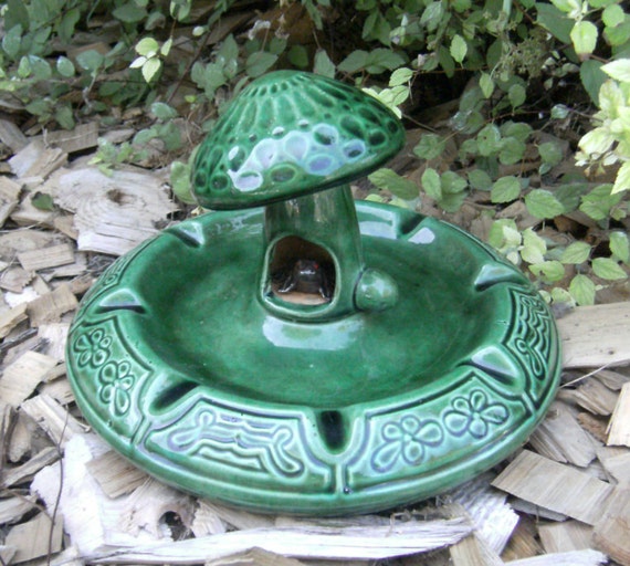 Vintage Green Ceramic Mushroom Ashtray with Frog by carriesattic
