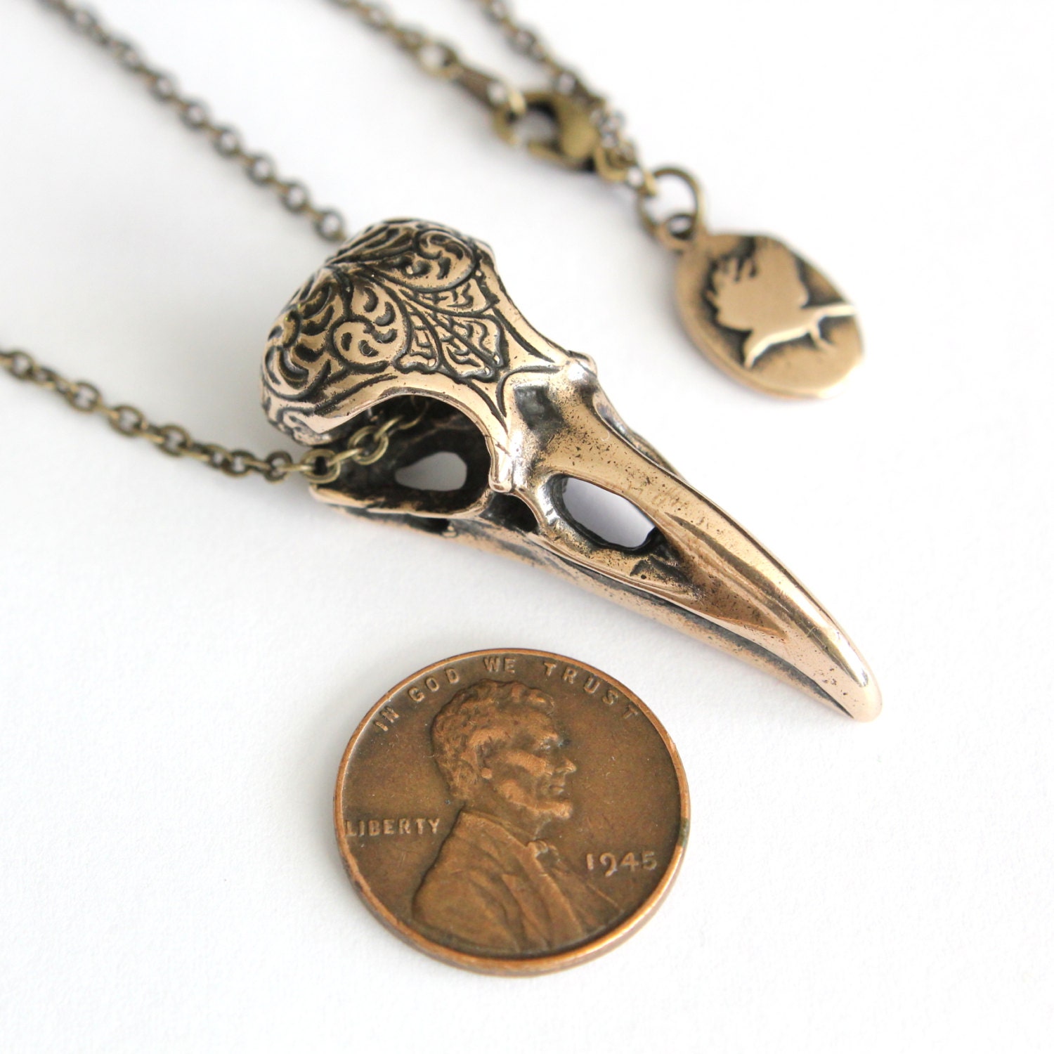 Raven Skull Necklace Solid Bronze Raven Necklace Engraved by mrd74