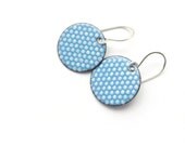 Aqua Blue and White Enamel Earrings, Pastel Polka Dots, Copper and Sterling Silver