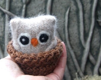Adopt a Baby Owl ... angora eco wool felt owl nest choose one (1) Chai, Vanilla or Heather (woolcrazy)
