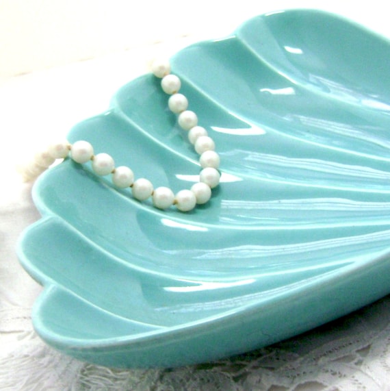 Vintage California Pottery Sea Shell Serving Dish Aqua