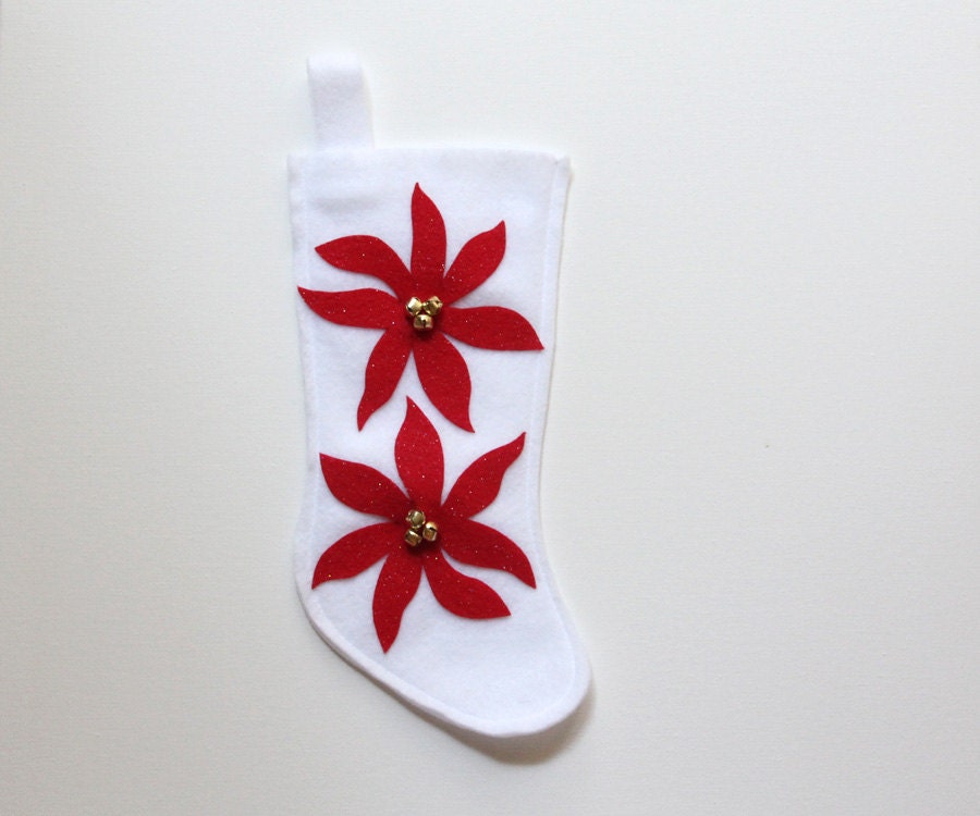 christmas stocking, white felt stocking red poinsettia, hostess gift, christmas decoration, jingle bells, letterhappy