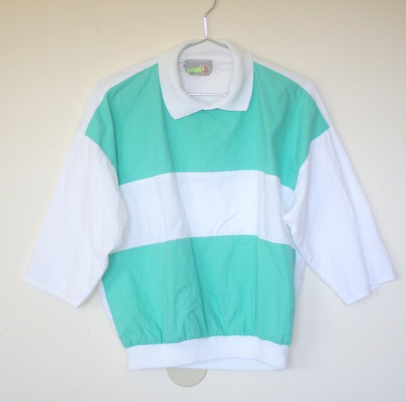 Teal White Wide Stripe Tee Shirt Top 80s Unisex Green by heartcity