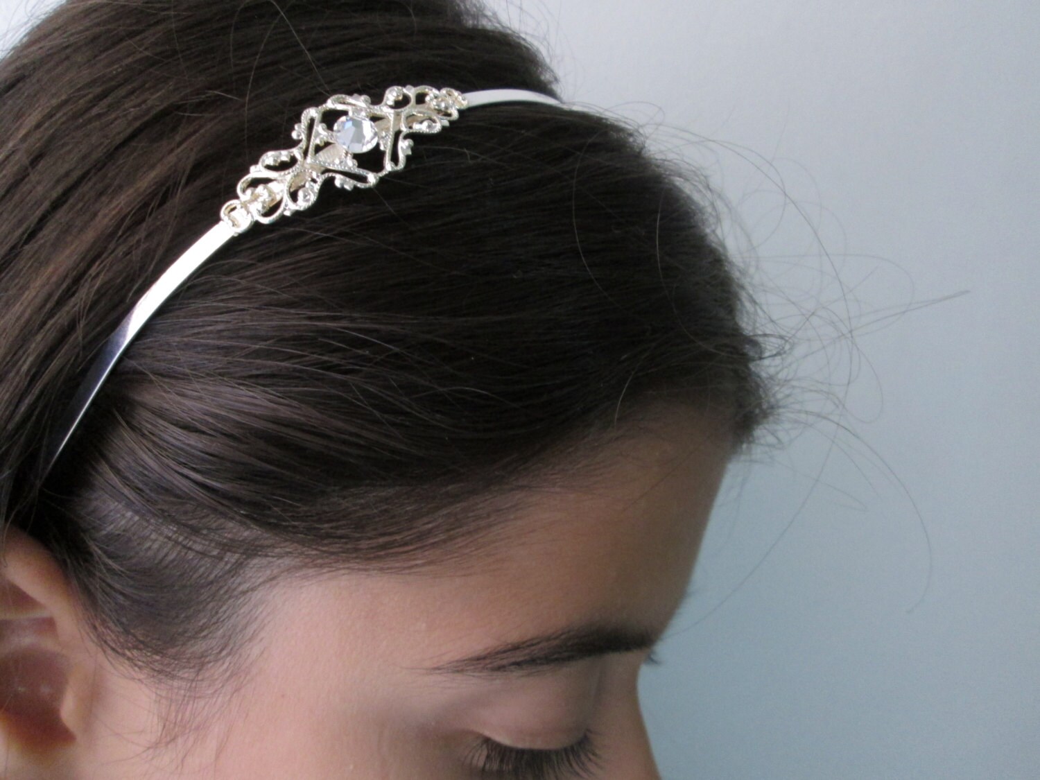 Silver Plated Filigree Headband With Clear Diamond Swarovski