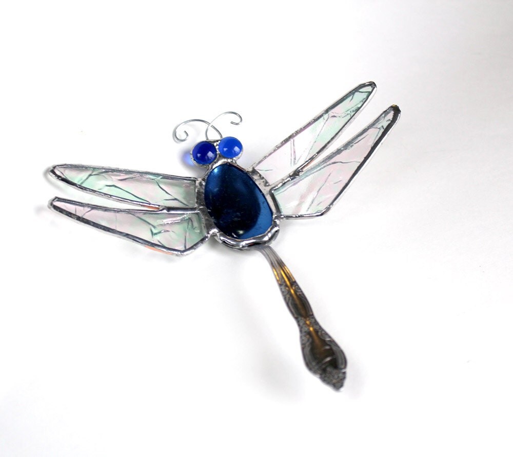 OOAK Recycled Spoon Stained Glass Dragonfly Table Top Sun