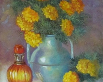 Still Life Painting of Marigolds and Turquoise Pitcher Original Oil Painting by Cheri Wollenberg