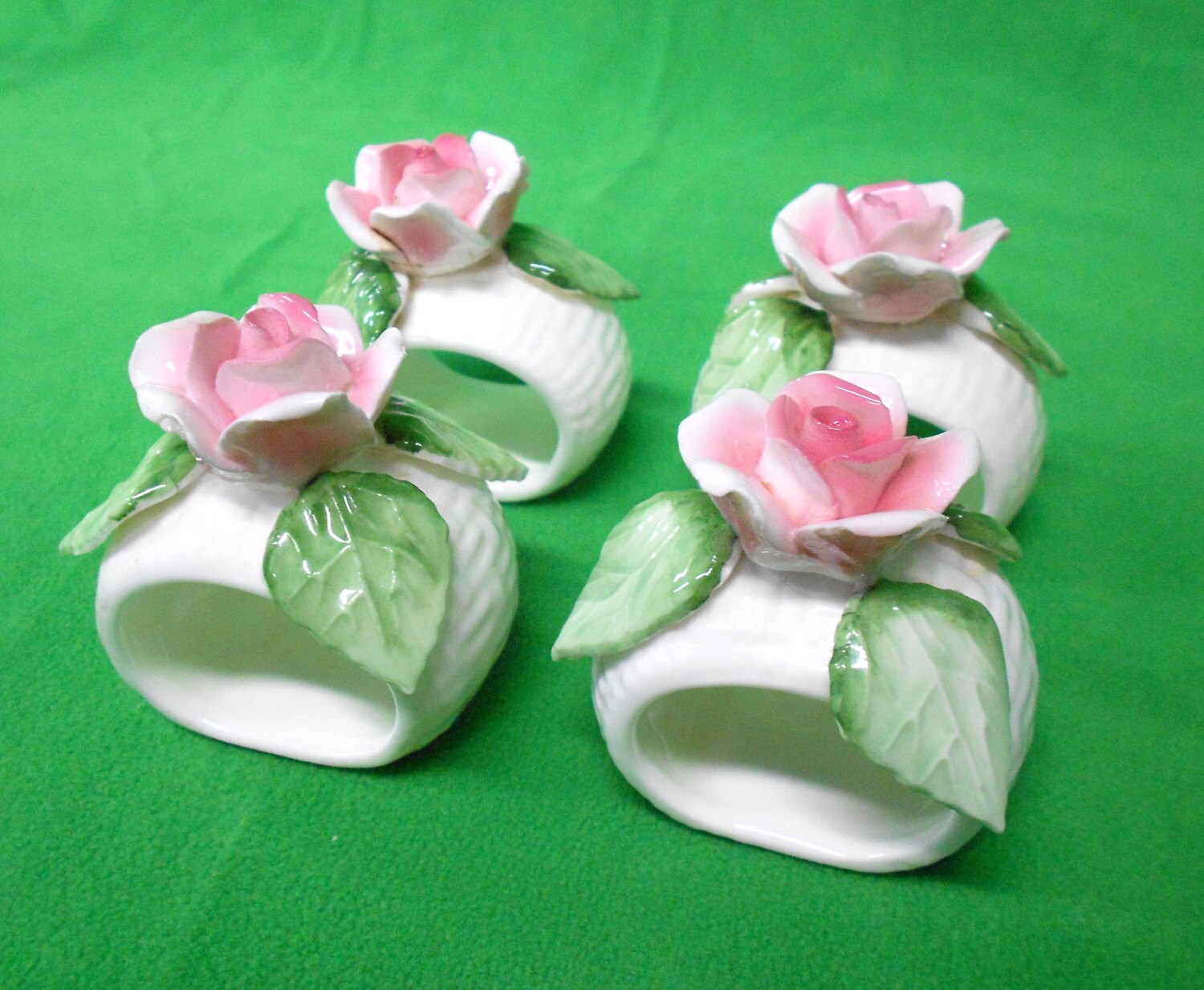 White Porcelain Pink Rose Napkin Rings Vintage Set of Four