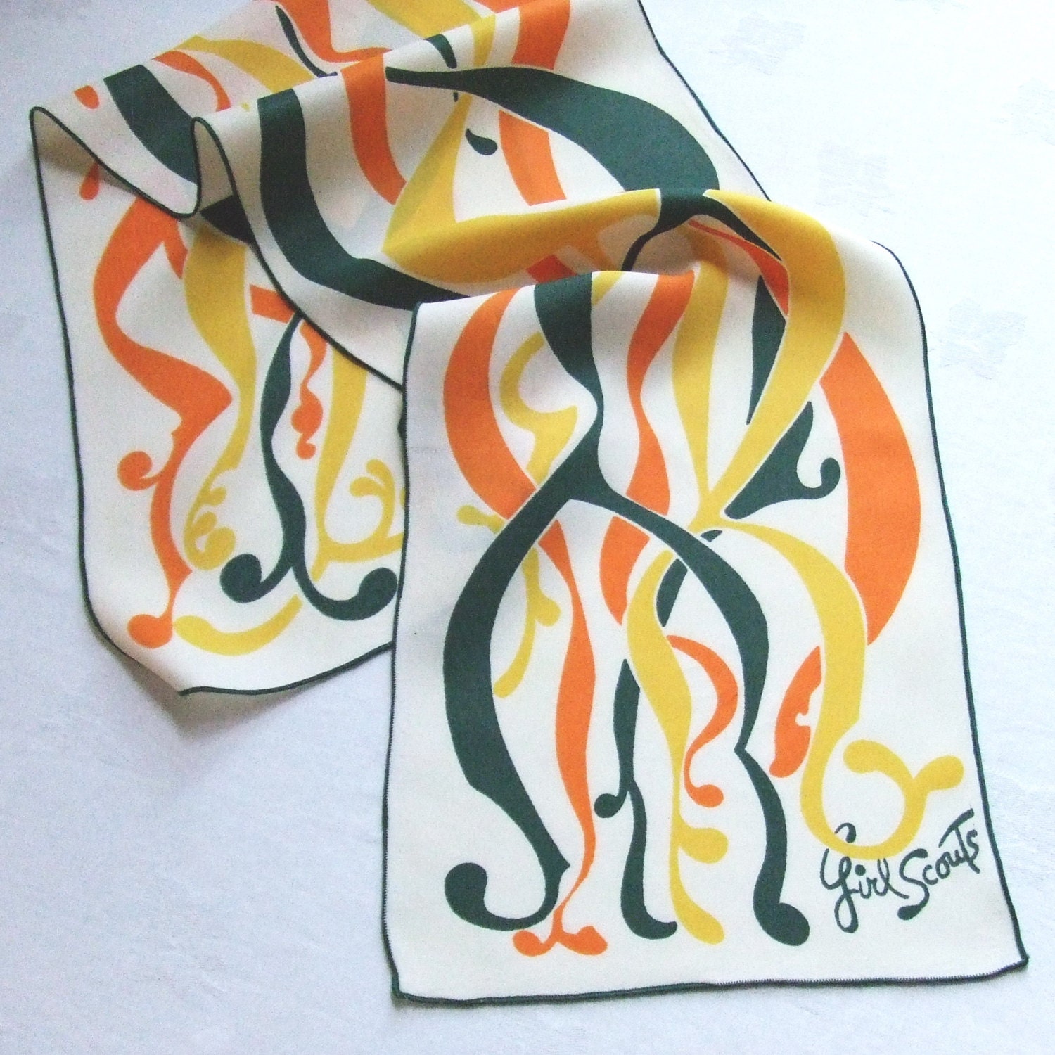 Girl Scout Scarf Green Orange and Yellow Abstract 1970s