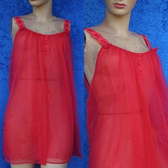 Vintage Red Chiffon Sheer Baby Doll Nightgown Teddy by mom24kids