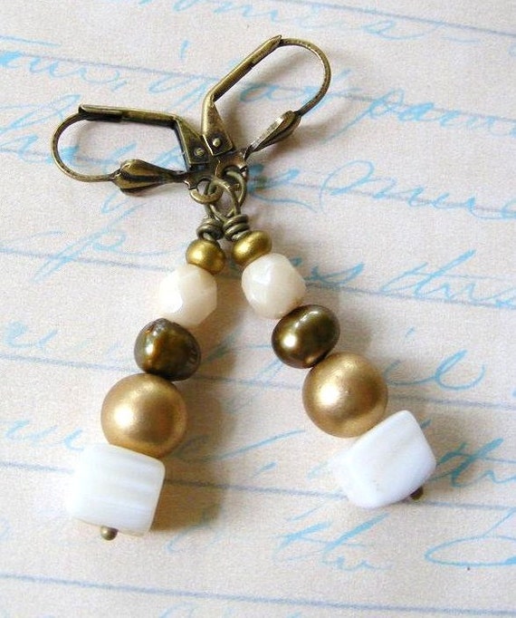 Beaded Earrings Mocha Gold Shell Dangles Antique by meiguidesigns