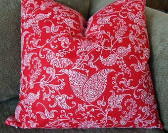 Decorative Pillow Cover, One 18" x 18" in Red and White Cotton Duck, Floral Print