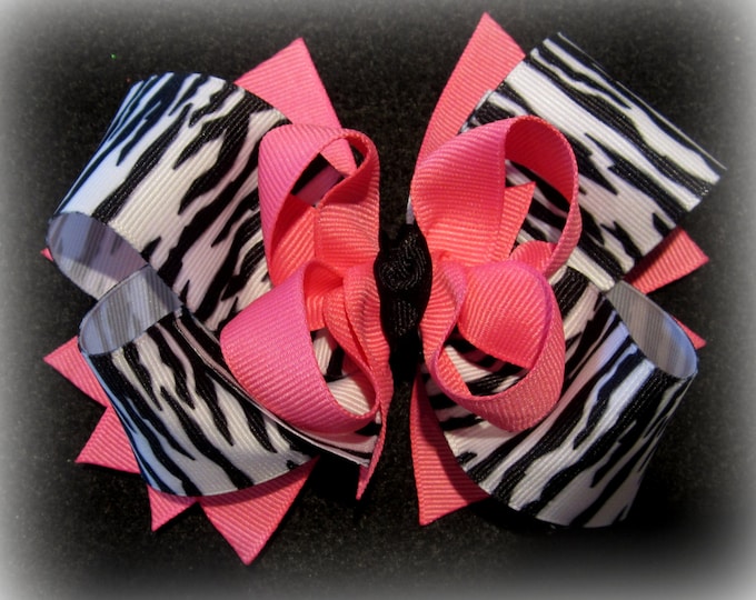 Zebra Pink Funky Boutique Hair Bow 3 Layers of Ribbon and Spikes Animal Print Hairbows