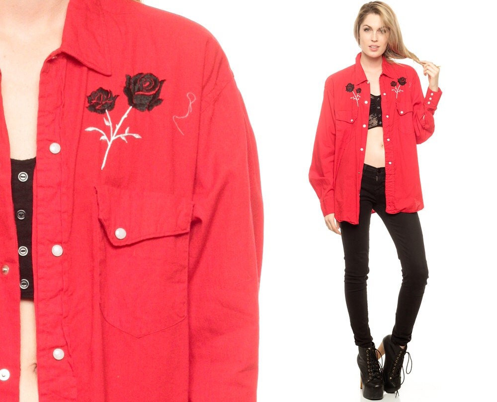 black button up with red roses