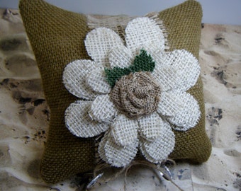 Burlap Flower Rose Wedding Ring Bearer Pillow