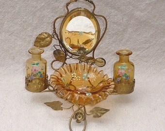 Antique French Paiais Royal Beveled Mirror Floral Painted Amber Glass Vanity Scent & Ring Tray Set