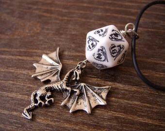 dragon necklace dungeons and dragons pendant D20 dice necklace dice jewelry D20 necklace black white