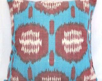 16x16 pillows home decor, uzbek ikat, ikat pillow cover, 16x16, decorative pillow, accent pillow, throw pillow, turquoise, burgundy