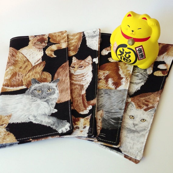 Lunchbox Cat Cloth Napkins. Set of 4 Adorable Kitty Fabric