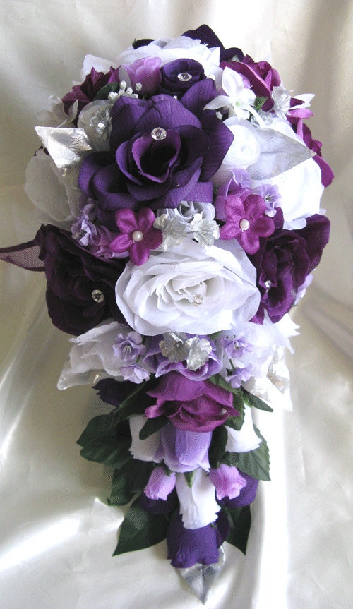 Wedding Bouquet Bridal Silk flowers Cascade PLUM PURPLE SILVER