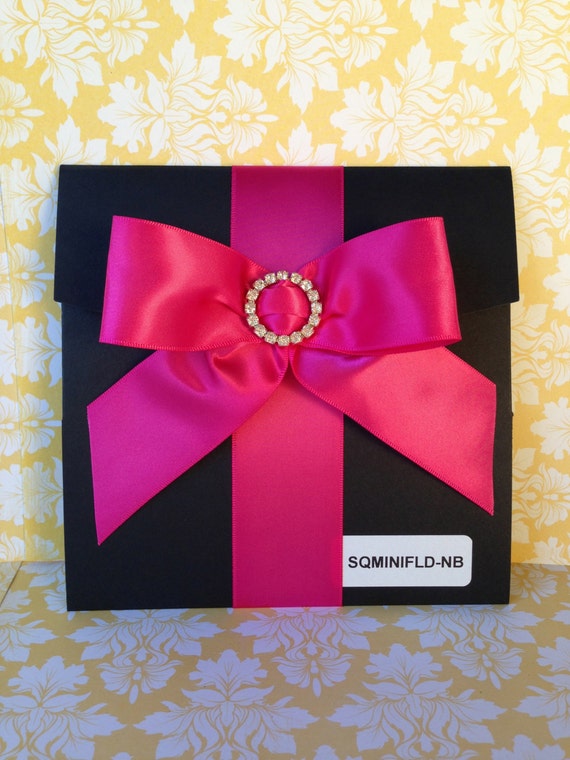 50 Black Square Pocket fold with Hot Pink Bow & Round Rhinestone Buckle Wedding Invitations - 15th, 16th, 18th, 21st, 40th, 60th, Wedding