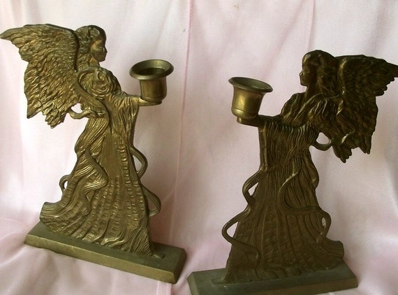 Vintage Brass Guardian Angel Candle Holders Set of Two