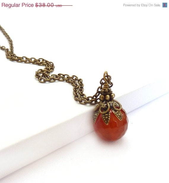 20% OFF SUMMER SALE Carnelian Stone Pendant, Chain Necklace, Orange Red Stone, Antiqued Bronze Chain, Earthy Bohemian Necklace