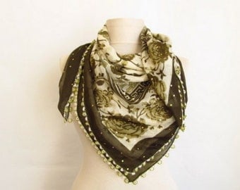 Square Turkish beaded scarf - green scarf - cotton scarves - beaded scarves
