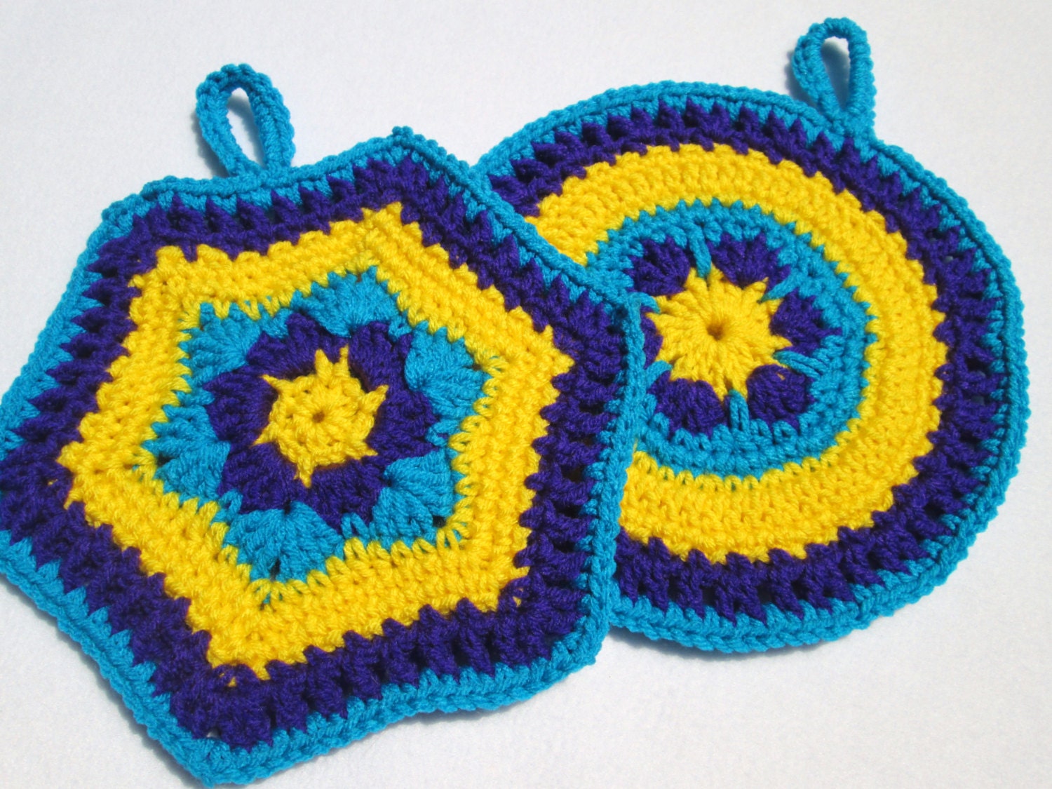 Crochet Pot Holders Set of Two Purple Yellow and Turquoise