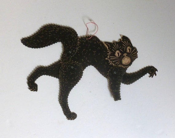 Antique 1930's - 1940's Poseable Scary Black Cat Halloween Wall Hanging Decoration