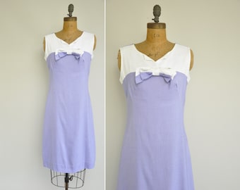 60s dress / vintage 1960s bowtie dress / 60s purple and white linen dress
