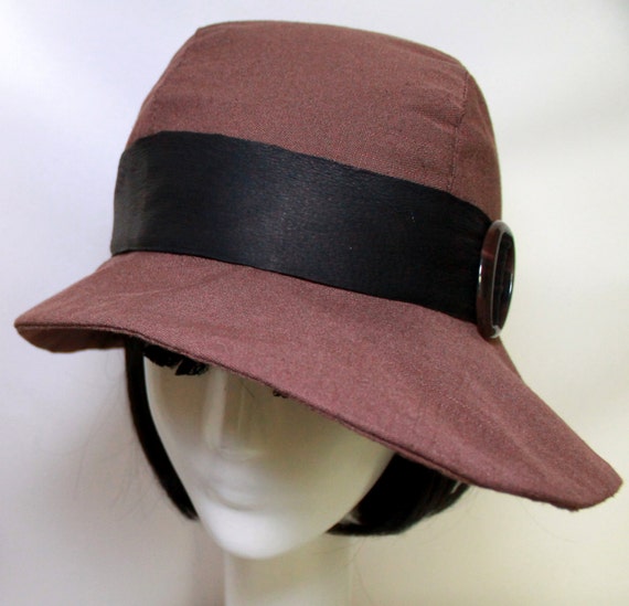 Cloche Hat- Brown Linen- Leather band- Asymmetrical Brim