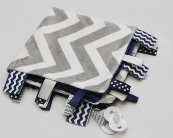 Baby Ribbon Tag Blanket - Minky Binky Blankie - Grey and White Chevron with Navy