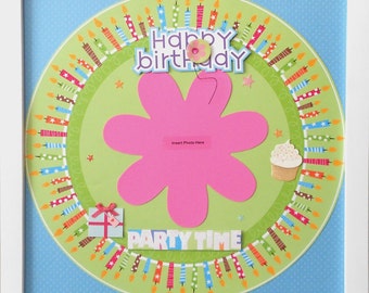CLEARANCE: BIRTHDAY TIME Premade Memory Album Page (White Veneer Shadow Box Frame Sold Separately)
