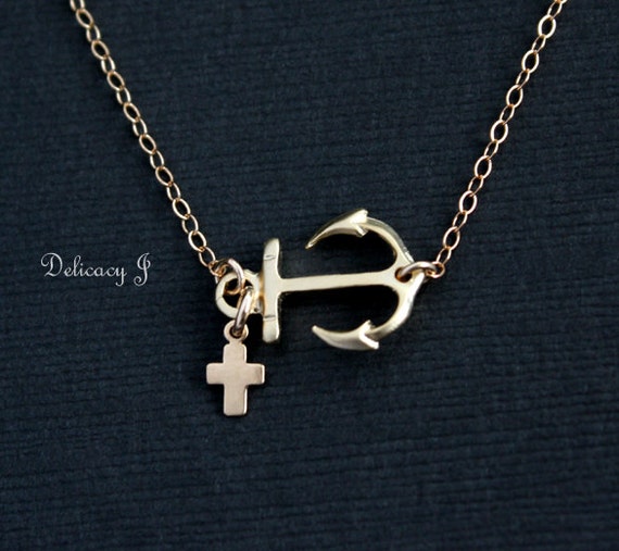 Anchor And Small Cross Necklace Gold Cross Necklace Sideways