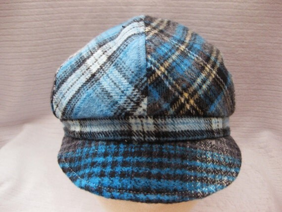 Boys hat plaid fabric baby cap blue and grey flannel hat blue