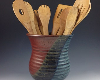Utensil Jar, Pottery Spoon Jar, Spoon Holder, Ceramic Utensil Crock in our Tri-Color Glaze, Ready to Ship