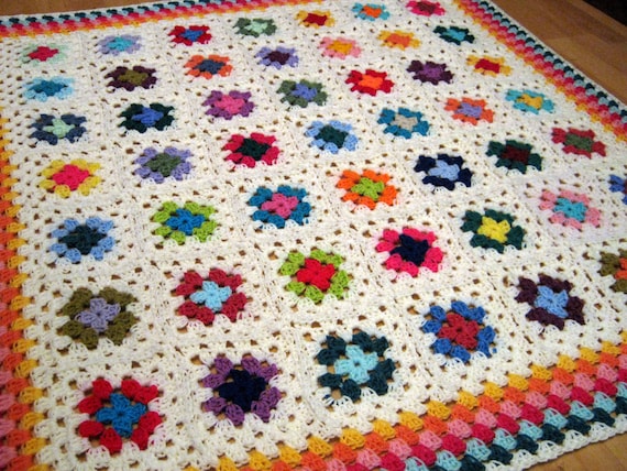 SALE Ivory Granny Square Crochet Granny Blanket Afghan Vibrant