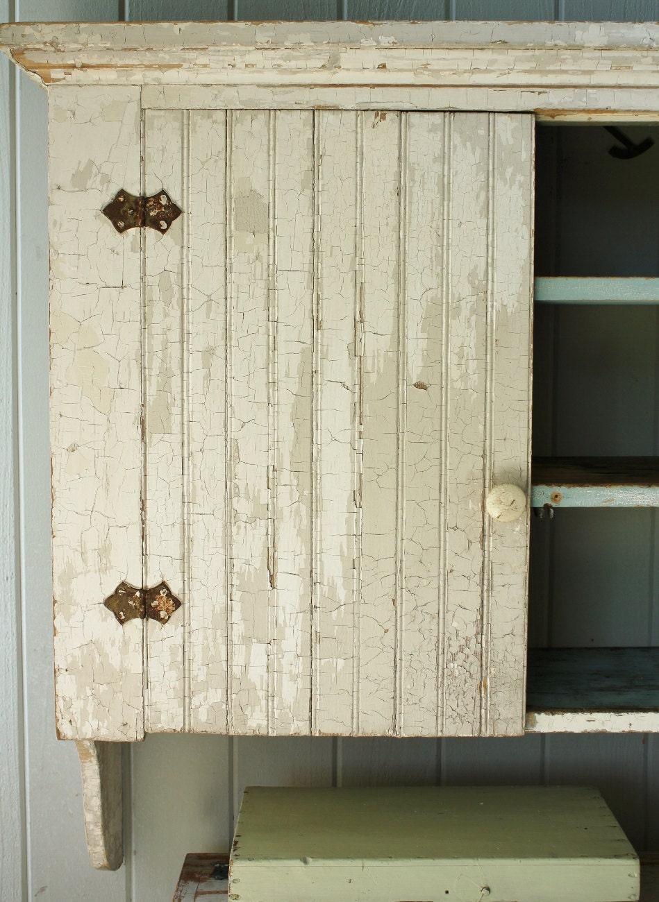 Antique Farmhouse Hanging Cupboard White Painted Wainscoting