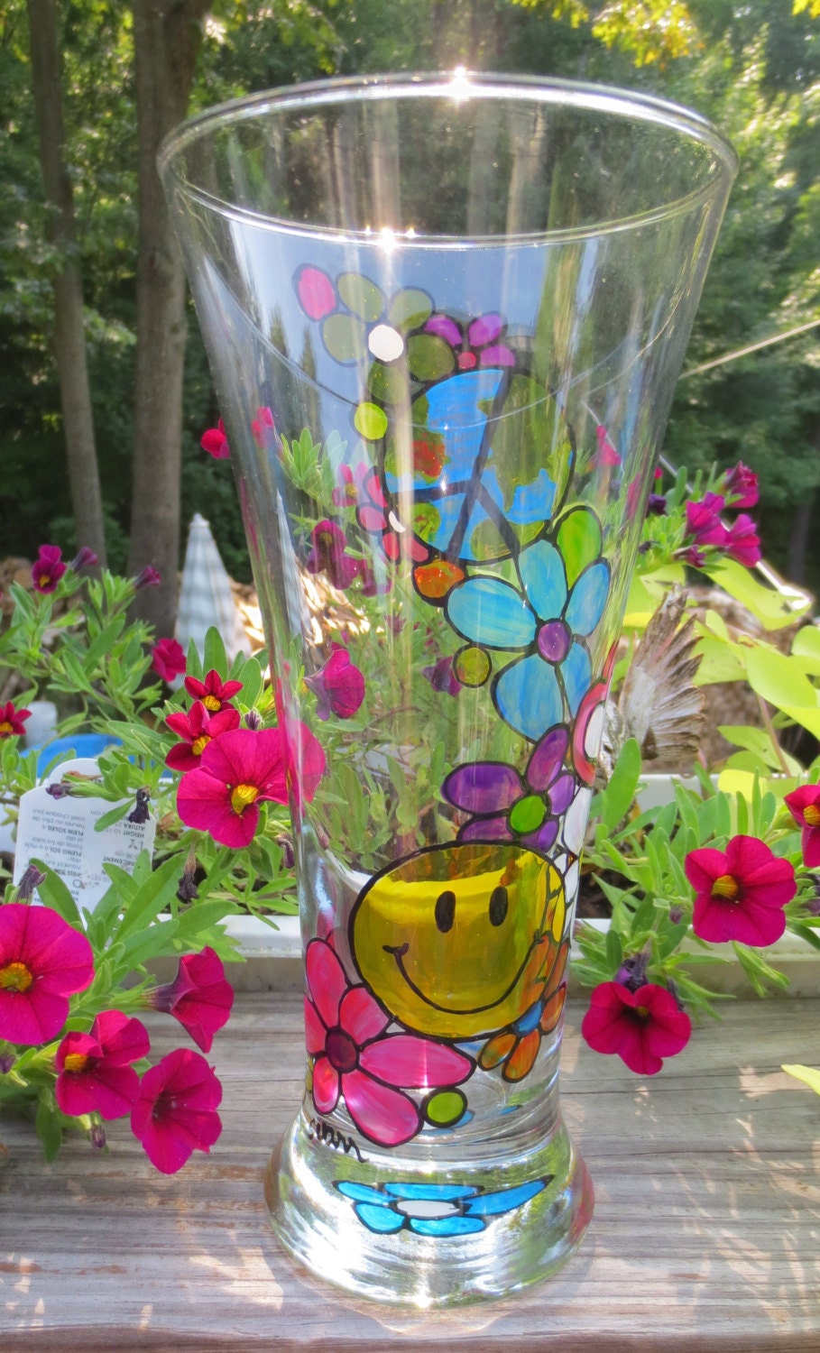 Hippie Retro Hand Painted Beer Glass Pilsner Style Peace Love