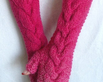Fingerless Mittens Gloves Cabled Arm Hand Warmers in Fuchsia/ Peony Warm and Thick