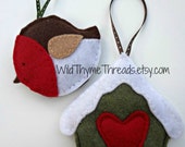 Made to Order Felt Robin and Birdhouse Christmas Tree Ornament, Bird, Handstitched, Holiday Decoration, December, Handmade, Gift Topper