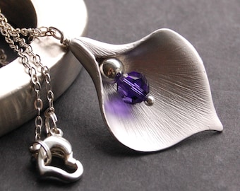 Silver Calla Lily Necklace, Pendant Necklace, Purple Swarovski Crystal, Silver Calla Lily Flower Charm, Custom Color