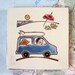 Blue SUV Surfing Guy and his dog head to the beach, handmade ceramic tile, trivet or wall hanging 4"x 4"